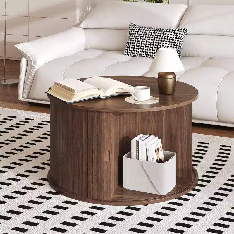 Runder Couchtisch im Mid-Century-Modern-Stil, 28, geriffeltes Design mit Stauraum hinter Schiebetür, ideal fürs Wohnzimmer (1er-Pack)