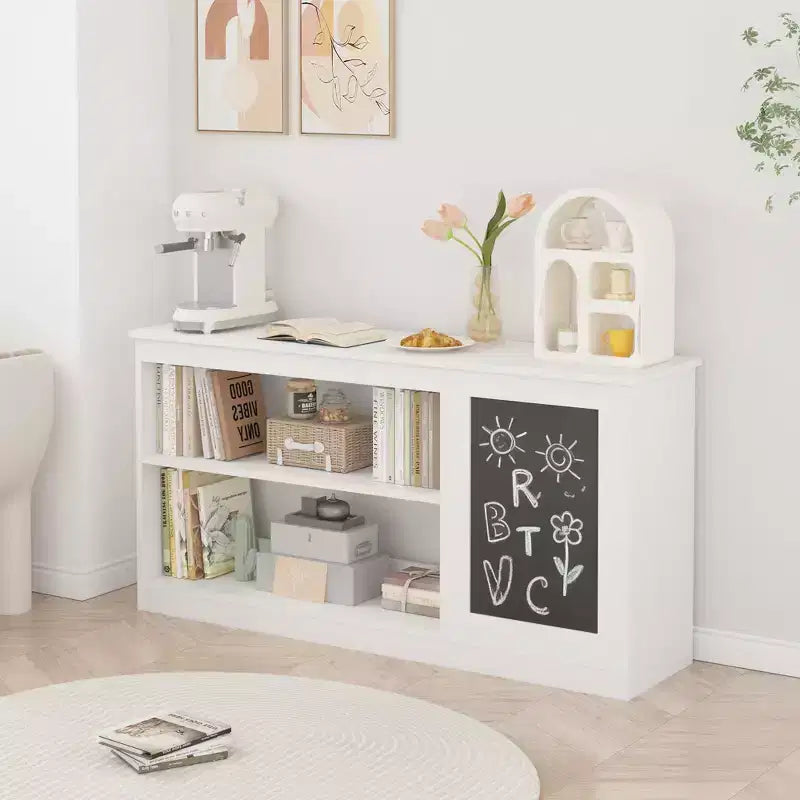 Librero y gabinete de almacenamiento de juguetes 3 en 1 para niños con pizarra, organizador moderno blanco para sala de juegos