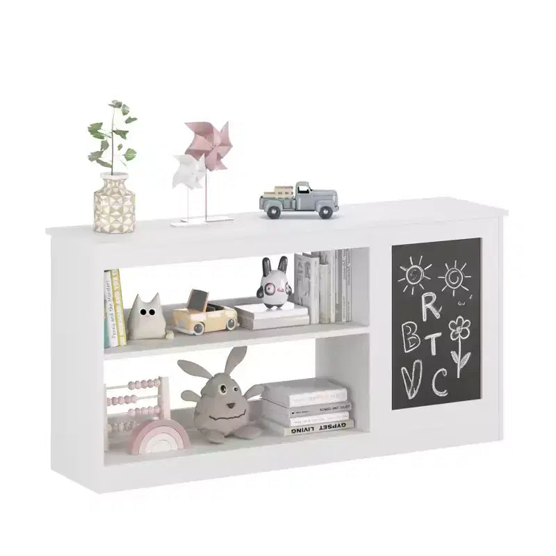 Librero y gabinete de almacenamiento de juguetes 3 en 1 para niños con pizarra, organizador moderno blanco para sala de juegos