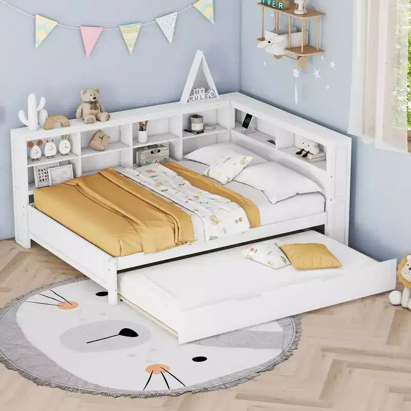 Lit double avec tiroir-lit et étagère de rangement, pour chambre, blanc