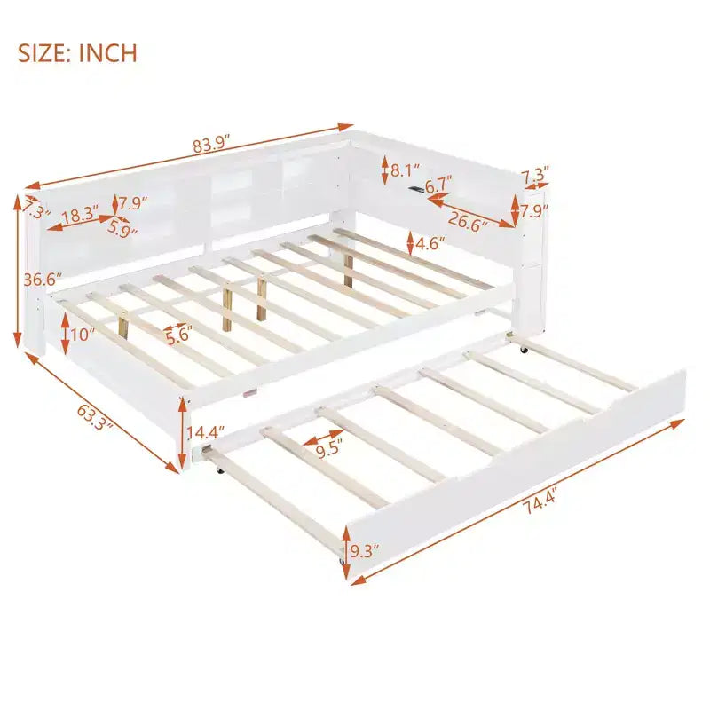 Lit double avec tiroir-lit et étagère de rangement, pour chambre, blanc