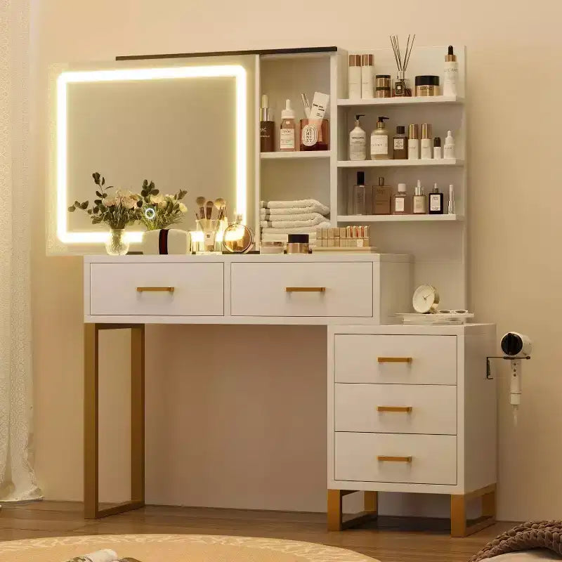 Escritorio de tocador, tocador grande, 3 modos de iluminación, 5 cajones grandes y 3 niveles de estantes abiertos, para dormitorio