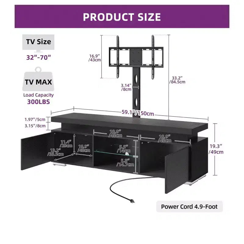 Moderner TV-Ständer mit höhenverstellbarer Halterung für 65-Inch-Fernseher, LED-Entertainment-Center mit Stauraum, Medienkonsole für das Wohnzimmer, Schwarz