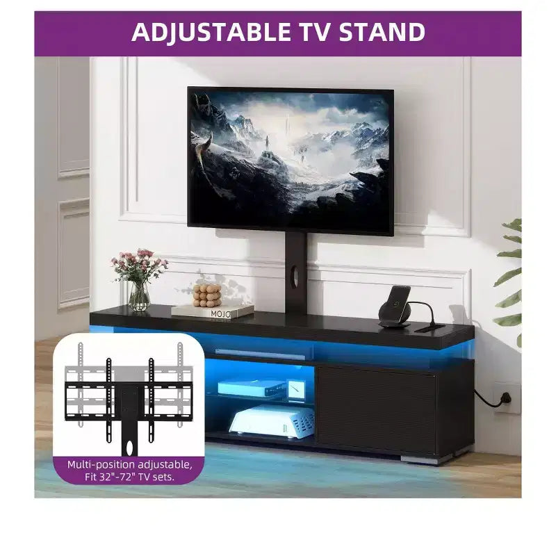 Moderner TV-Ständer mit höhenverstellbarer Halterung für 65-Inch-Fernseher, LED-Entertainment-Center mit Stauraum, Medienkonsole für das Wohnzimmer, Schwarz