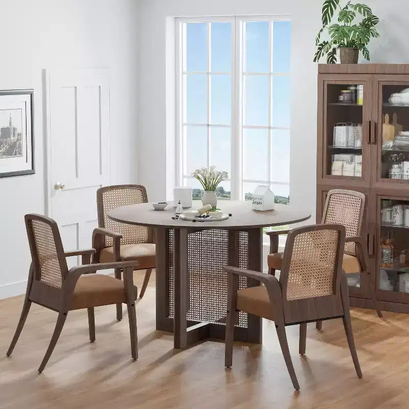 Table de cuisine et de salle à manger de style rustique, table ronde avec pieds en rotin tressé, pour la cuisine, le bar ou le salon