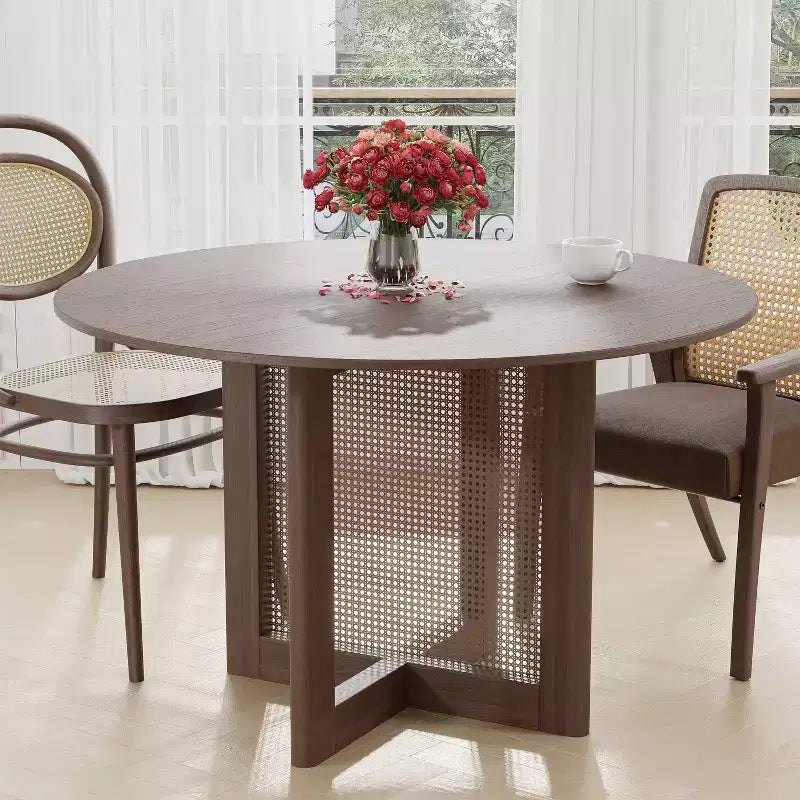 Table de cuisine et de salle à manger de style rustique, table ronde avec pieds en rotin tressé, pour la cuisine, le bar ou le salon