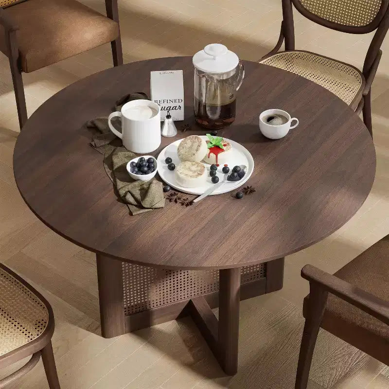Table de cuisine et de salle à manger de style rustique, table ronde avec pieds en rotin tressé, pour la cuisine, le bar ou le salon