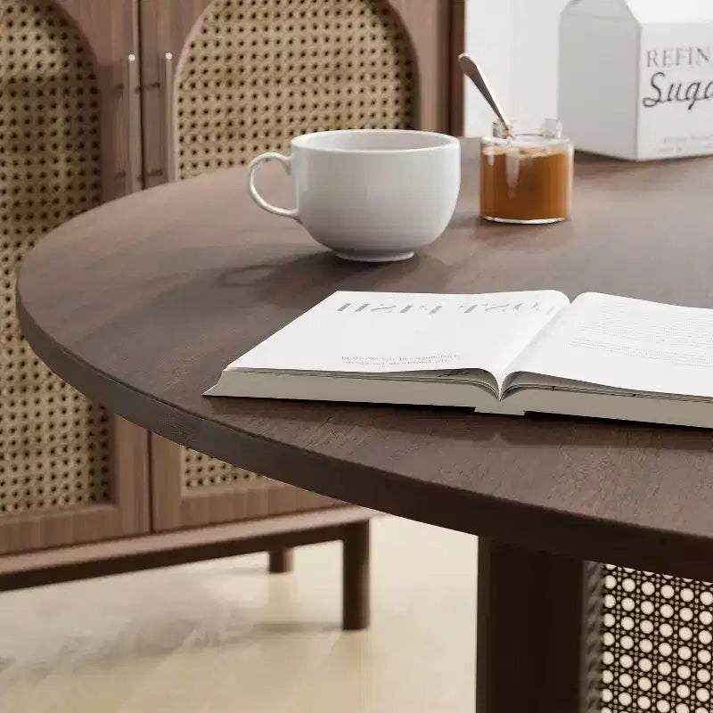 Table de cuisine et de salle à manger de style rustique, table ronde avec pieds en rotin tressé, pour la cuisine, le bar ou le salon