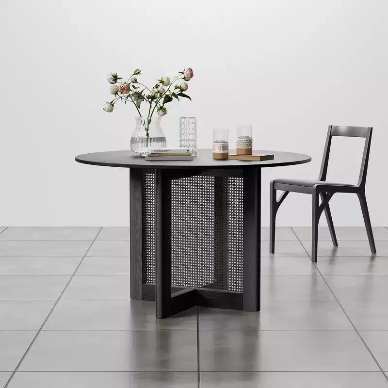 Table de cuisine et de salle à manger de style rustique, table ronde avec pieds en rotin tressé, pour la cuisine, le bar ou le salon