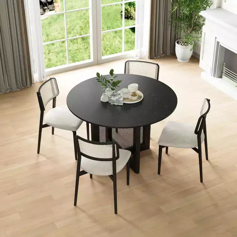 Table de cuisine et de salle à manger de style rustique, table ronde avec pieds en rotin tressé, pour la cuisine, le bar ou le salon