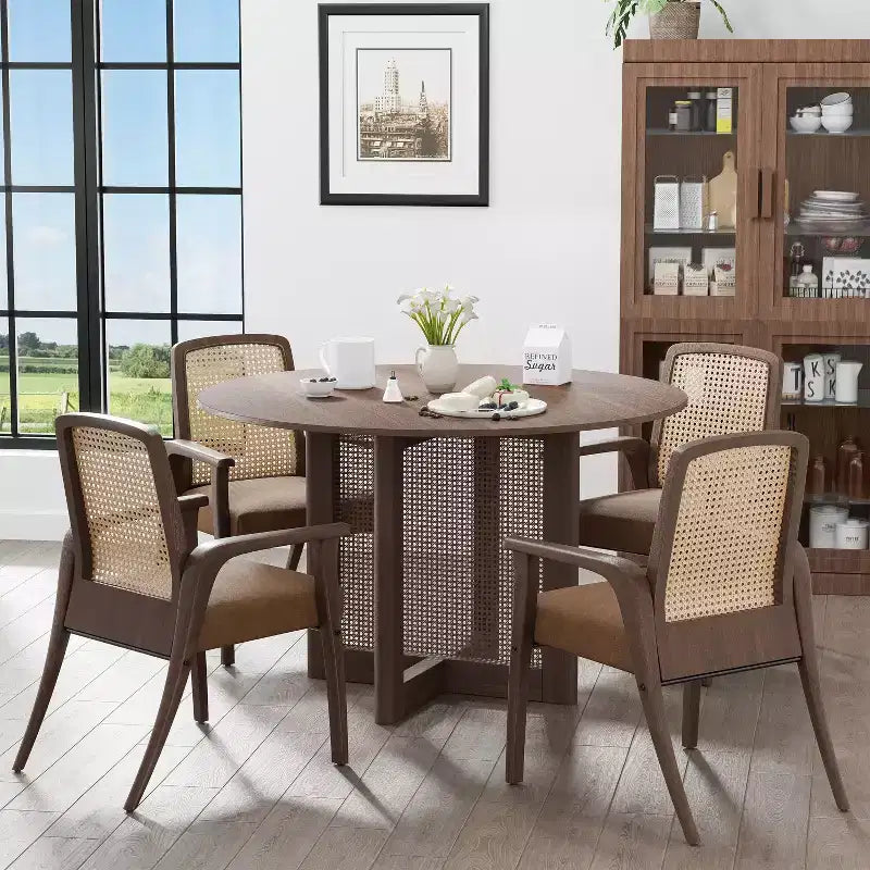 Table de cuisine et de salle à manger de style rustique, table ronde avec pieds en rotin tressé, pour la cuisine, le bar ou le salon