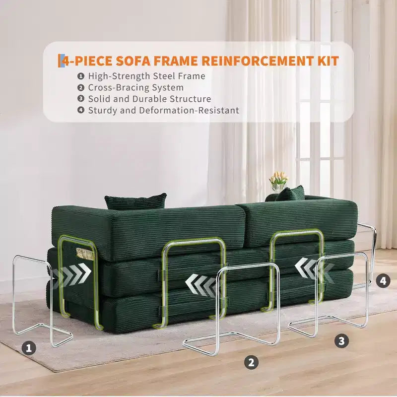 Canapé-lit convertible 5-en-1, futon surdimensionné en velours côtelé de 78.8, dossier réglable, coussin, sans montage, siège modulaire peu encombrant