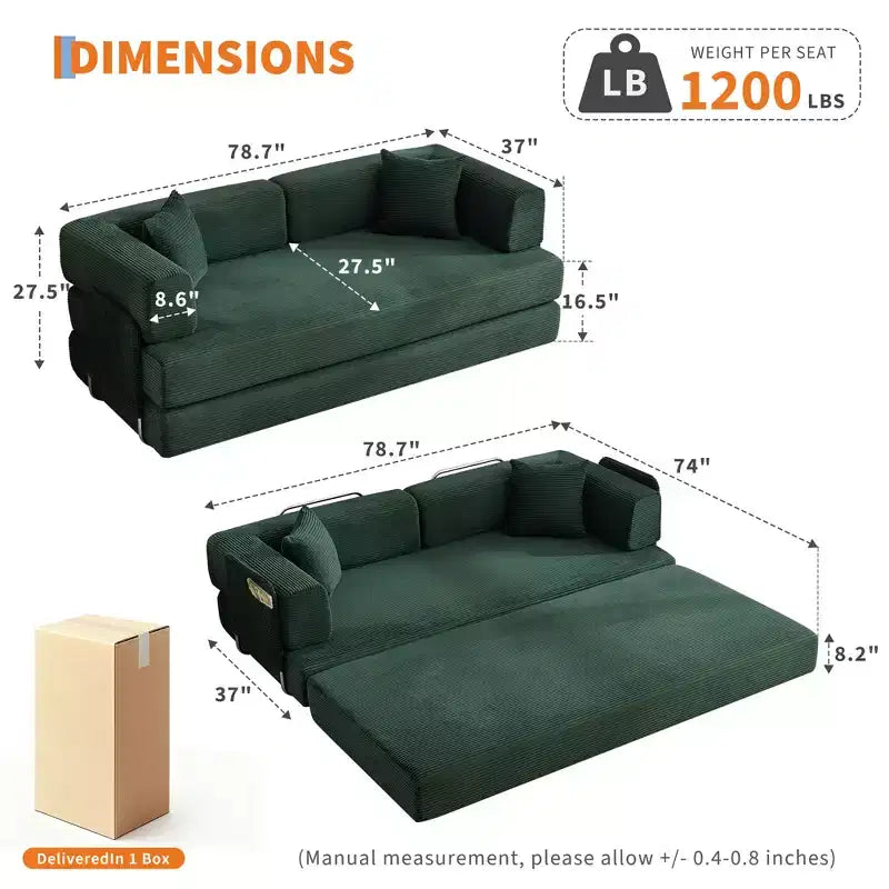 Sofá cama convertible 5 en 1  Sofá futón extragrande de pana de 78.8, respaldo ajustable, almohada, sin montaje, sofá modular que ahorra espacio