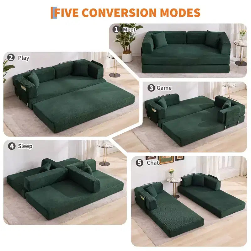 Sofá cama convertible 5 en 1  Sofá futón extragrande de pana de 78.8, respaldo ajustable, almohada, sin montaje, sofá modular que ahorra espacio