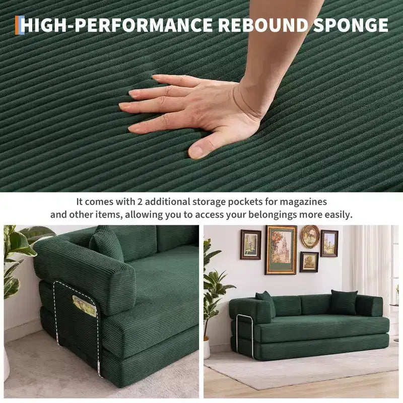 Sofá cama convertible 5 en 1  Sofá futón extragrande de pana de 78.8, respaldo ajustable, almohada, sin montaje, sofá modular que ahorra espacio