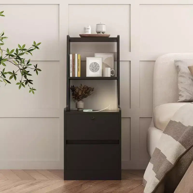 Table de chevet avec station de recharge et 2 tiroirs de rangement, table de nuit en bois avec bibliothèque et veilleuse à commande vocale