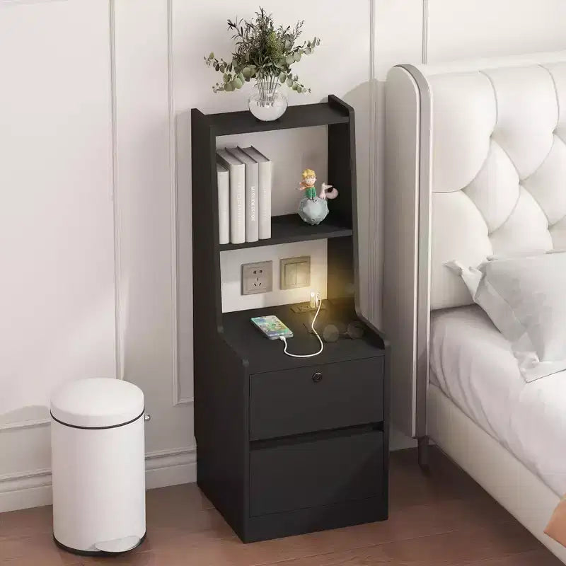 Table de chevet avec station de recharge et 2 tiroirs de rangement, table de nuit en bois avec bibliothèque et veilleuse à commande vocale