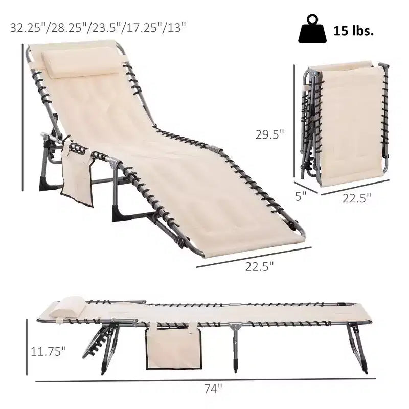 Tumbona reclinable para exteriores  Silla plegable acolchada con respaldo y reposacabezas ajustables para la piscina, la playa o el jardín