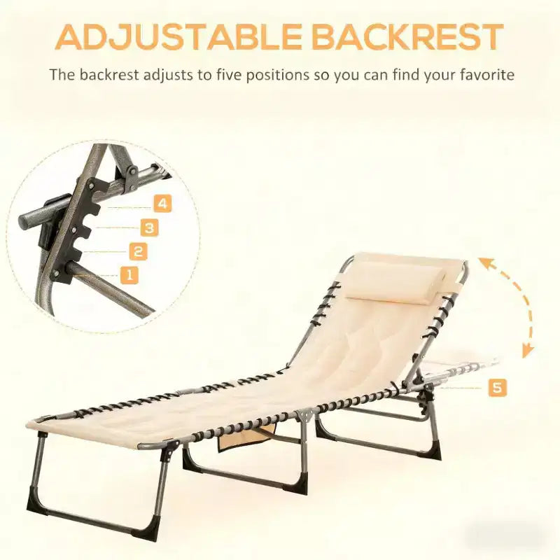 Tumbona reclinable para exteriores  Silla plegable acolchada con respaldo y reposacabezas ajustables para la piscina, la playa o el jardín