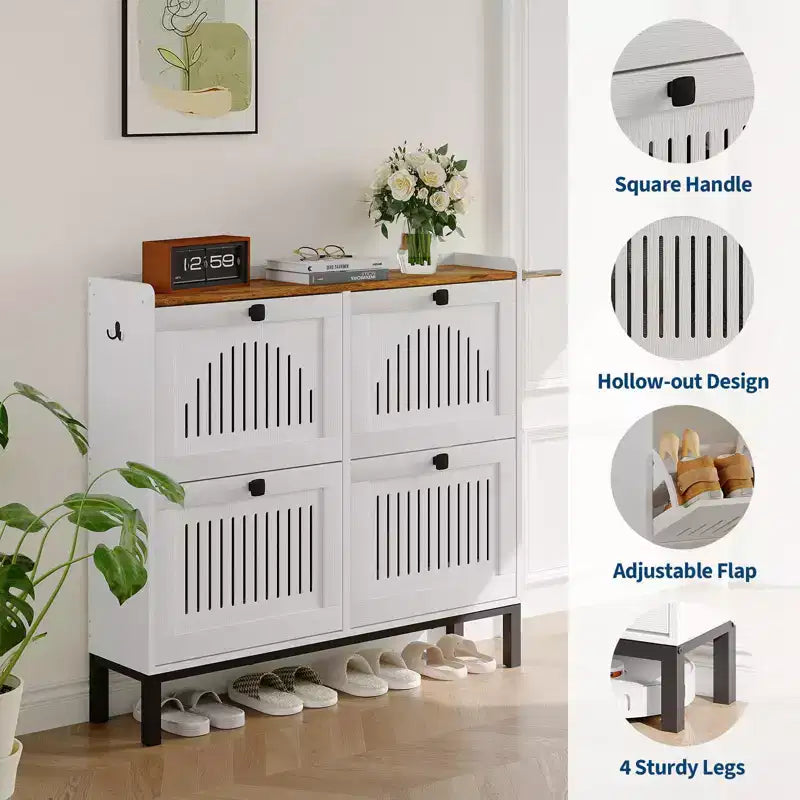 Gabinete para guardar zapatos con 4 cajones abatibles, organizador de zapatos con panel calado y tiradores cuadrados negros, zapatero ajustable para recibidor o sala de estar