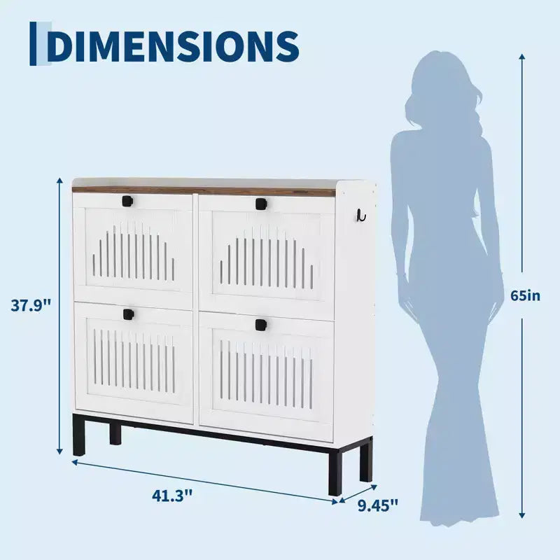 Gabinete para guardar zapatos con 4 cajones abatibles, organizador de zapatos con panel calado y tiradores cuadrados negros, zapatero ajustable para recibidor o sala de estar