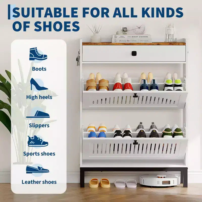Gabinete para guardar zapatos con 4 cajones abatibles, organizador de zapatos con panel calado y tiradores cuadrados negros, zapatero ajustable para recibidor o sala de estar