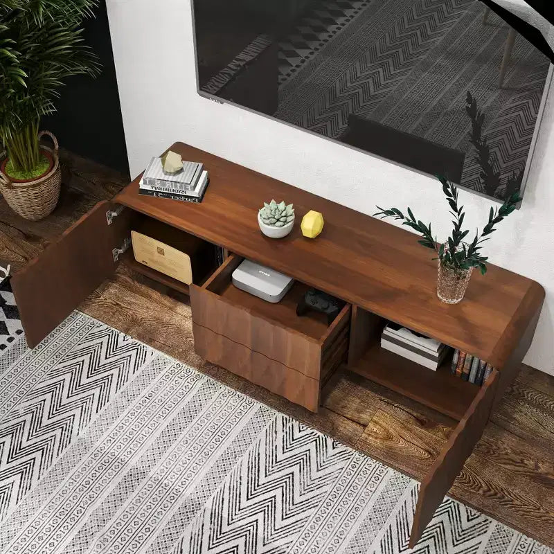 TV-Schrank, 58 Zoll, mit spiralförmigem Wellenmuster im Mid-Century-Stil, Aufbewahrungsschrank und zwei Schubladen, für Wohnzimmer oder Schlafzimmer geeignet, Walnuss