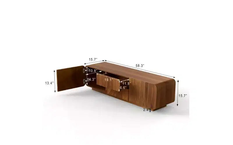 TV-Schrank, 58 Zoll, mit spiralförmigem Wellenmuster im Mid-Century-Stil, Aufbewahrungsschrank und zwei Schubladen, für Wohnzimmer oder Schlafzimmer geeignet, Walnuss