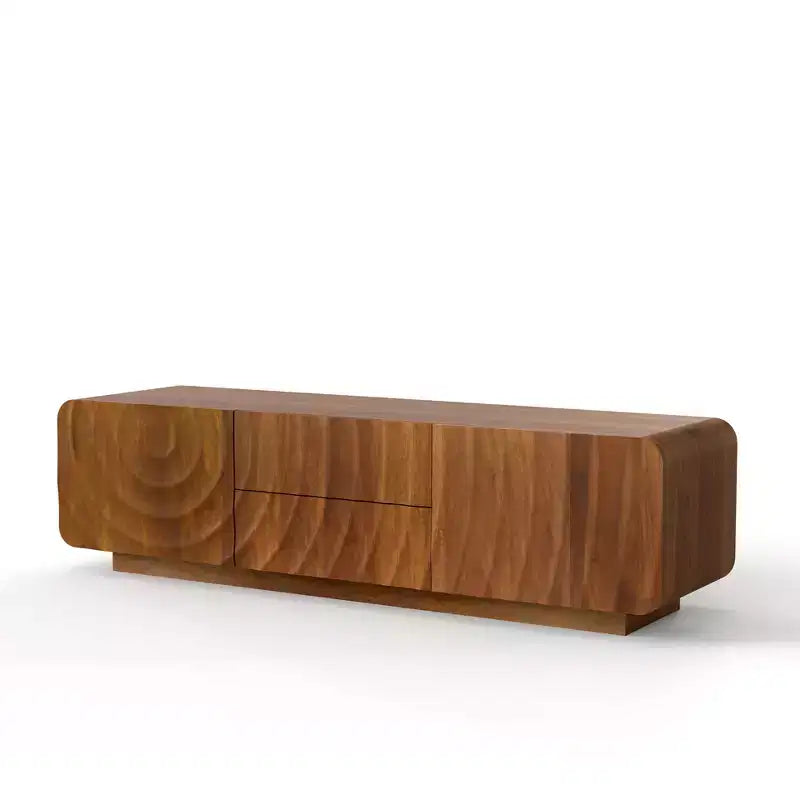 TV-Schrank, 58 Zoll, mit spiralförmigem Wellenmuster im Mid-Century-Stil, Aufbewahrungsschrank und zwei Schubladen, für Wohnzimmer oder Schlafzimmer geeignet, Walnuss
