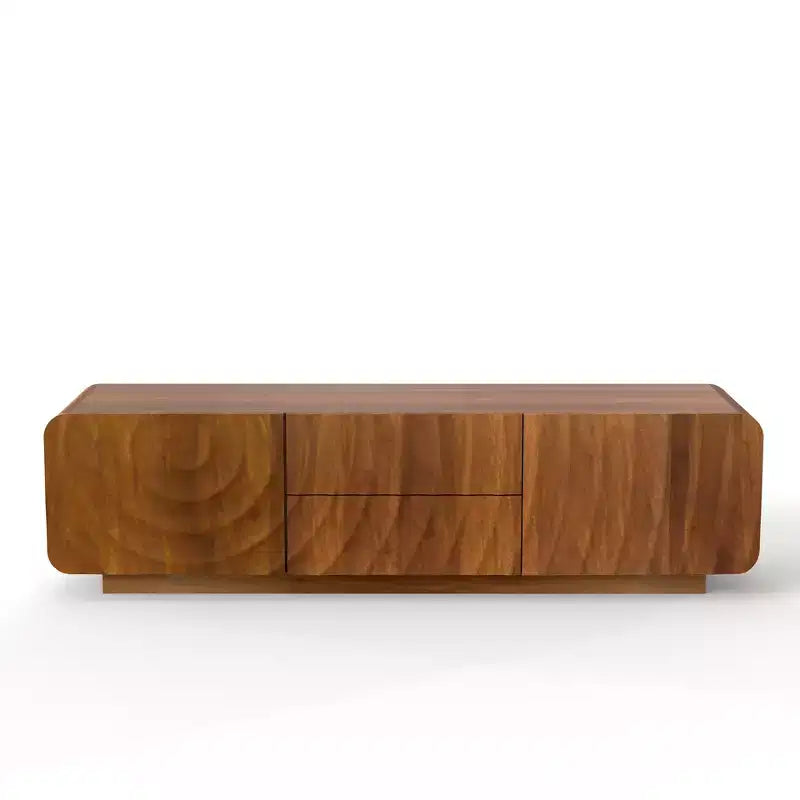 TV-Schrank, 58 Zoll, mit spiralförmigem Wellenmuster im Mid-Century-Stil, Aufbewahrungsschrank und zwei Schubladen, für Wohnzimmer oder Schlafzimmer geeignet, Walnuss