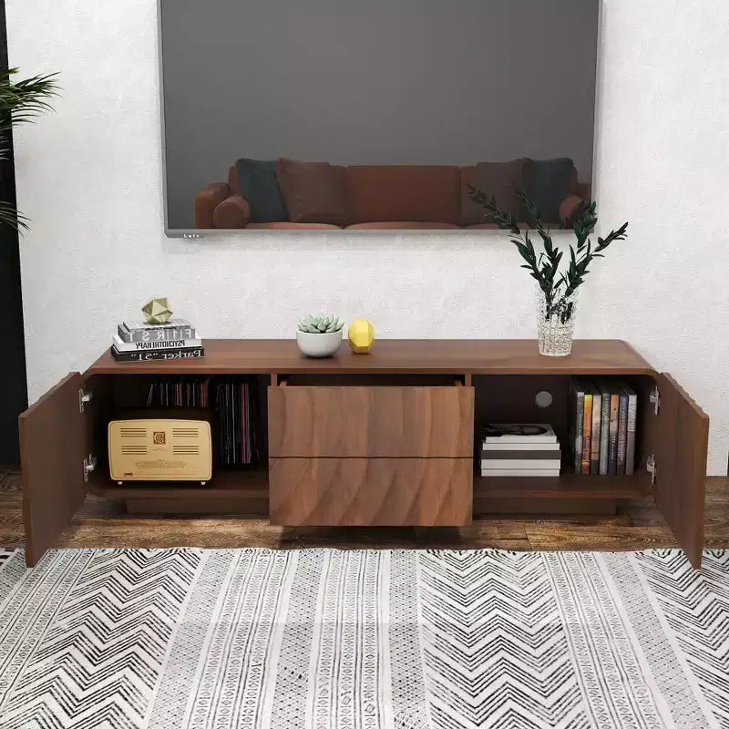 TV-Schrank, 58 Zoll, mit spiralförmigem Wellenmuster im Mid-Century-Stil, Aufbewahrungsschrank und zwei Schubladen, für Wohnzimmer oder Schlafzimmer geeignet, Walnuss