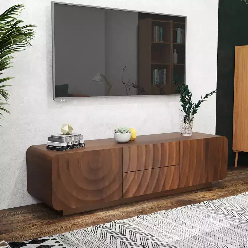 TV-Schrank, 58 Zoll, mit spiralförmigem Wellenmuster im Mid-Century-Stil, Aufbewahrungsschrank und zwei Schubladen, für Wohnzimmer oder Schlafzimmer geeignet, Walnuss