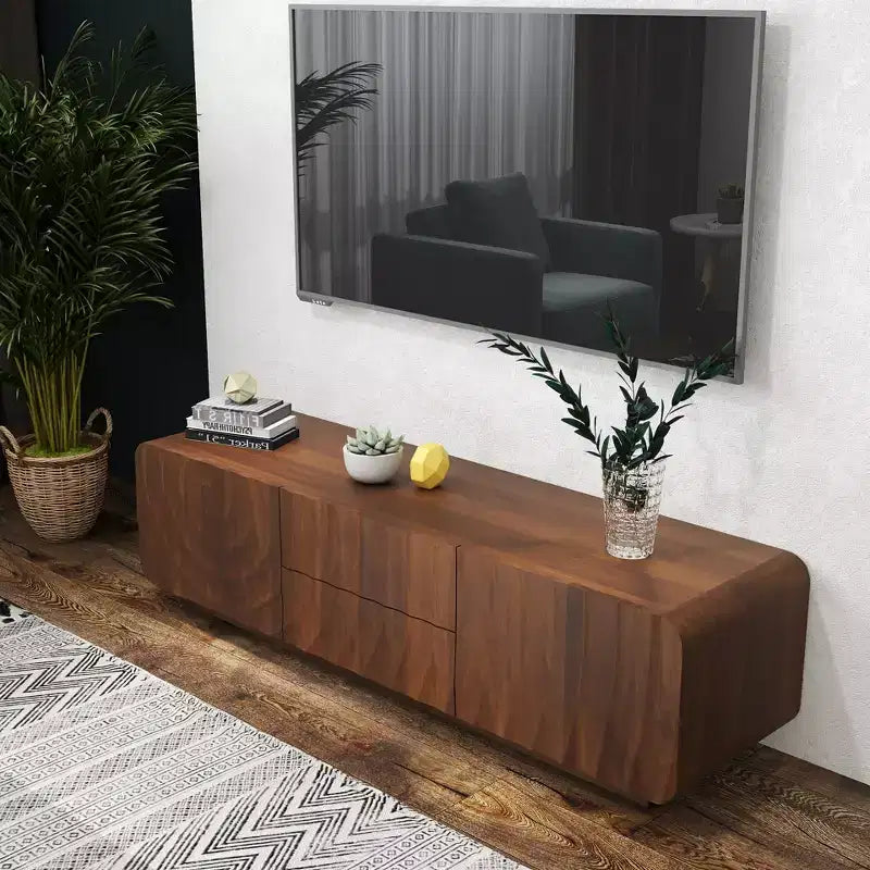 TV-Schrank, 58 Zoll, mit spiralförmigem Wellenmuster im Mid-Century-Stil, Aufbewahrungsschrank und zwei Schubladen, für Wohnzimmer oder Schlafzimmer geeignet, Walnuss
