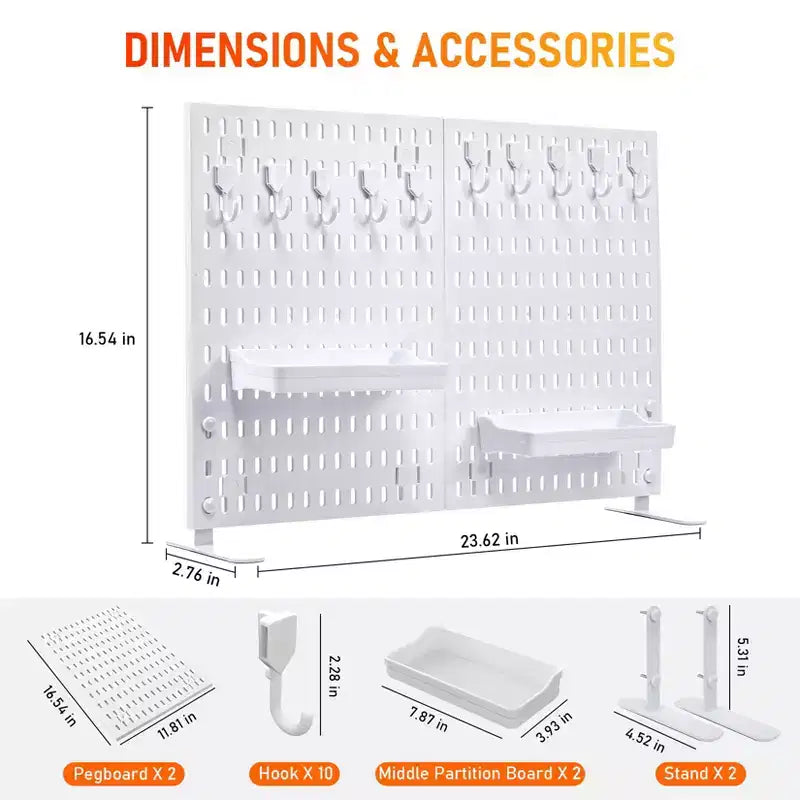 Wand-Organizer-Set mit robuster Metall-Lochwand - 4 Paneele mit 10 Haken und 2 Standfüßen, kratzfestes, stabiles Stahlgestell für Garage, Büro und Zuhause, Schwarz