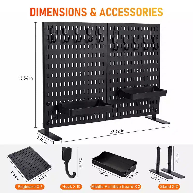 Wand-Organizer-Set mit robuster Metall-Lochwand - 4 Paneele mit 10 Haken und 2 Standfüßen, kratzfestes, stabiles Stahlgestell für Garage, Büro und Zuhause, Schwarz