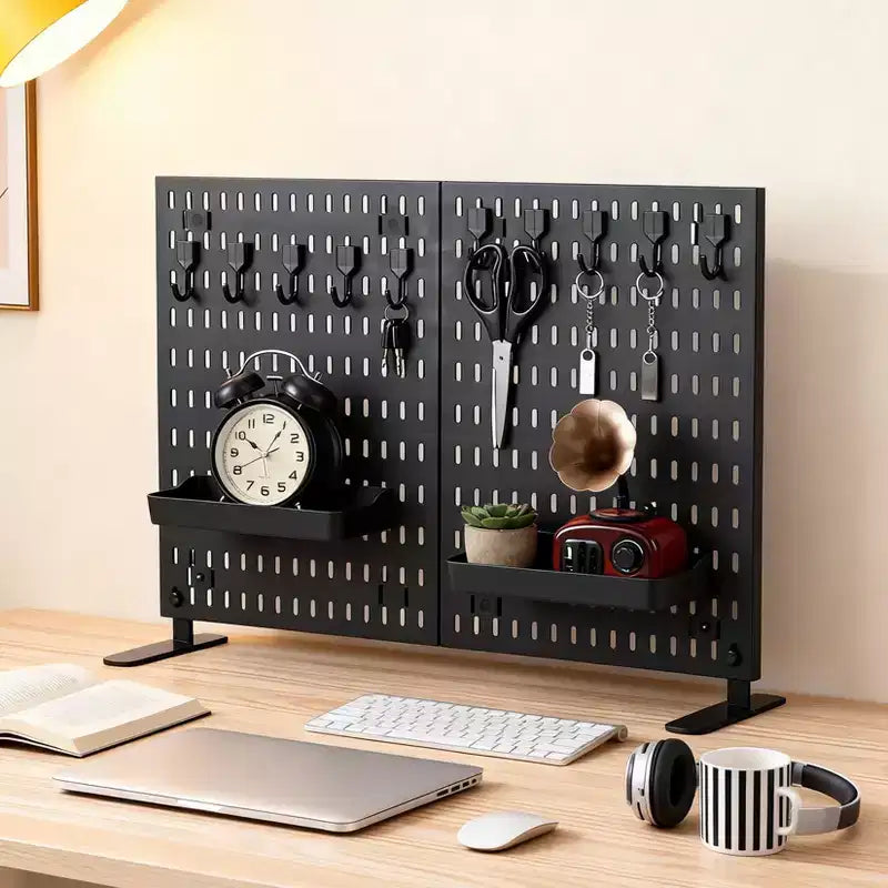 Wand-Organizer-Set mit robuster Metall-Lochwand - 4 Paneele mit 10 Haken und 2 Standfüßen, kratzfestes, stabiles Stahlgestell für Garage, Büro und Zuhause, Schwarz