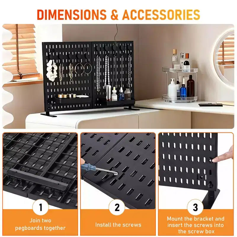 Wand-Organizer-Set mit robuster Metall-Lochwand - 4 Paneele mit 10 Haken und 2 Standfüßen, kratzfestes, stabiles Stahlgestell für Garage, Büro und Zuhause, Schwarz