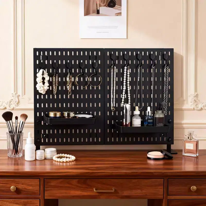 Wand-Organizer-Set mit robuster Metall-Lochwand - 4 Paneele mit 10 Haken und 2 Standfüßen, kratzfestes, stabiles Stahlgestell für Garage, Büro und Zuhause, Schwarz