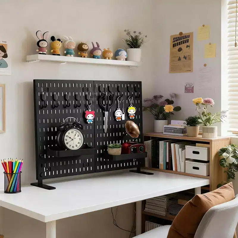 Wand-Organizer-Set mit robuster Metall-Lochwand - 4 Paneele mit 10 Haken und 2 Standfüßen, kratzfestes, stabiles Stahlgestell für Garage, Büro und Zuhause, Schwarz
