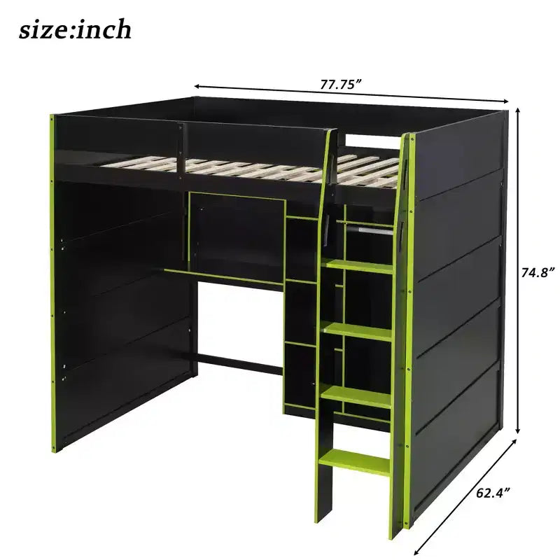 Lit mezzanine en bois avec bureau, penderie ouverte et éclairage RGB