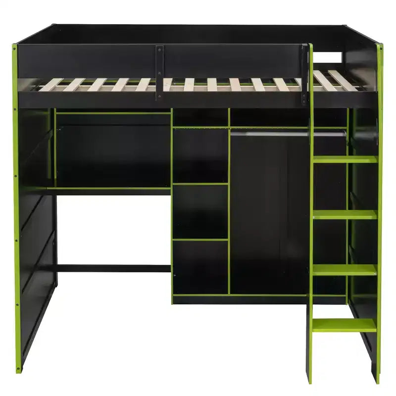Lit mezzanine en bois avec bureau, penderie ouverte et éclairage RGB