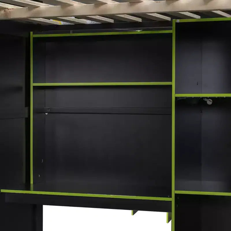 Lit mezzanine en bois avec bureau, penderie ouverte et éclairage RGB