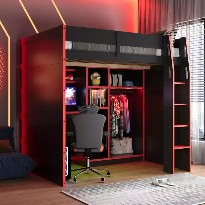 Lit mezzanine en bois avec bureau, penderie ouverte et éclairage RGB