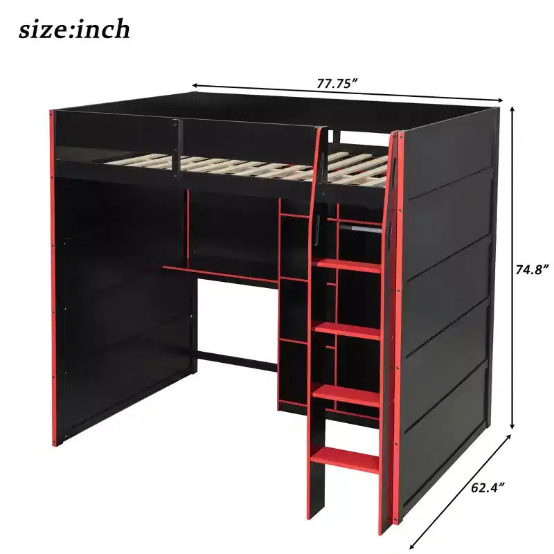Lit mezzanine en bois avec bureau, penderie ouverte et éclairage RGB