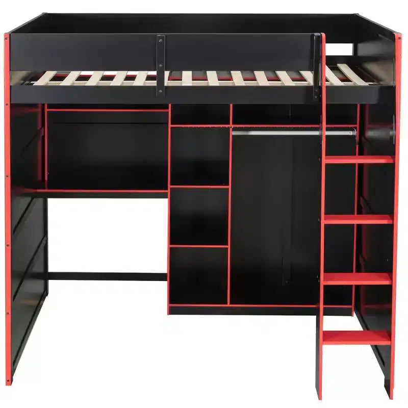 Lit mezzanine en bois avec bureau, penderie ouverte et éclairage RGB