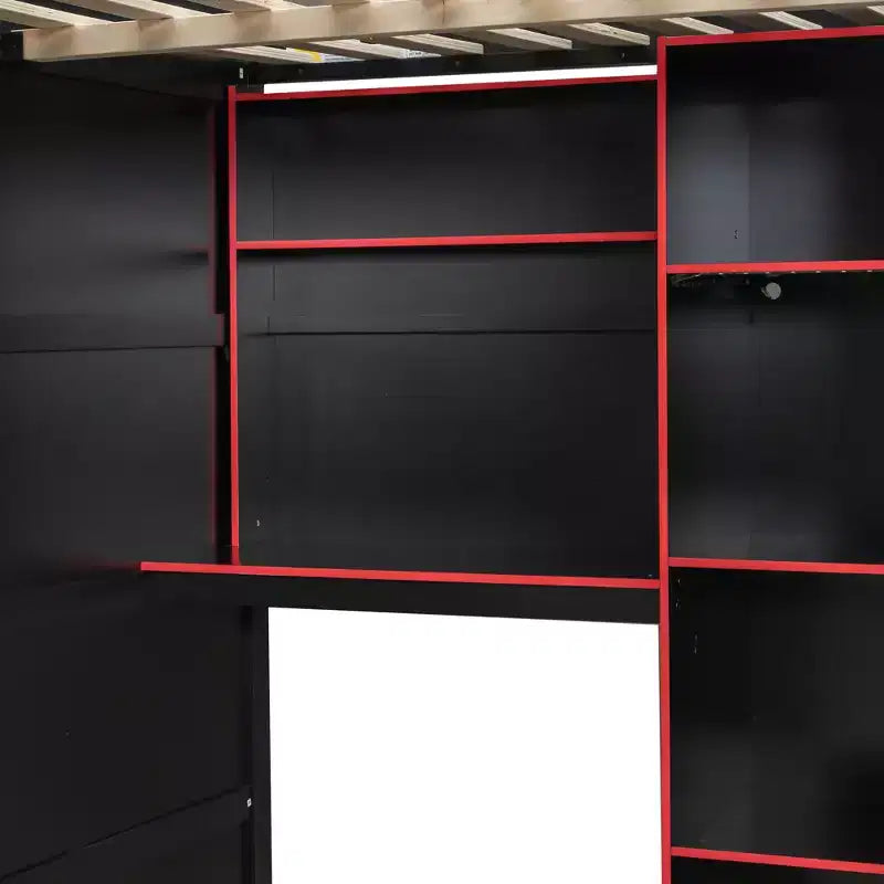 Lit mezzanine en bois avec bureau, penderie ouverte et éclairage RGB