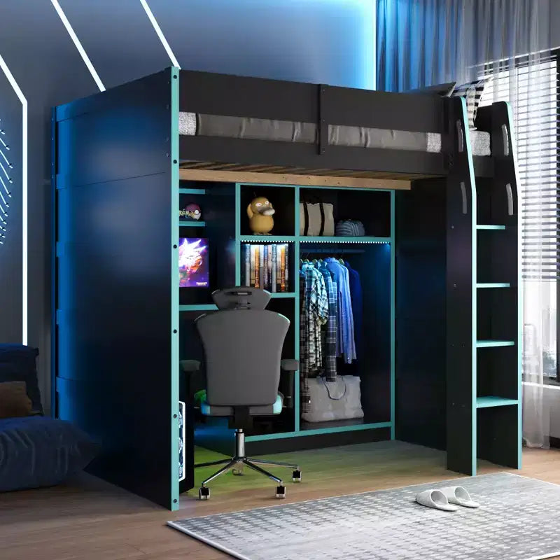 Lit mezzanine en bois avec bureau, penderie ouverte et éclairage RGB