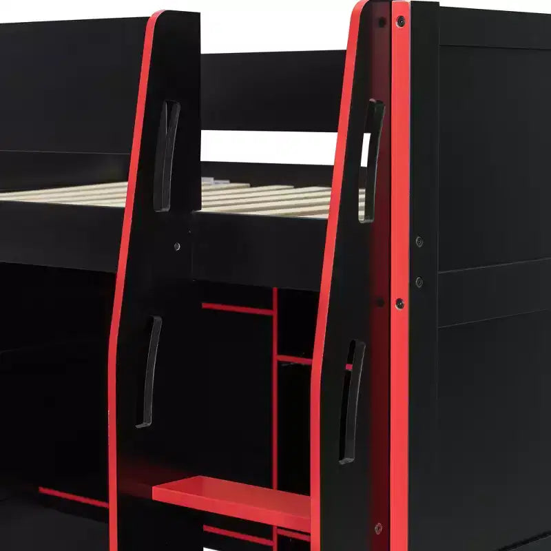 Lit mezzanine en bois avec bureau, penderie ouverte et éclairage RGB