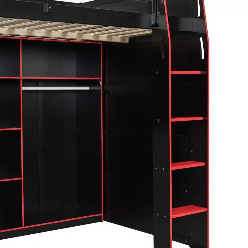 Lit mezzanine en bois avec bureau, penderie ouverte et éclairage RGB