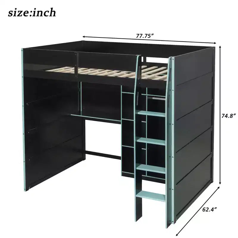 Lit mezzanine en bois avec bureau, penderie ouverte et éclairage RGB